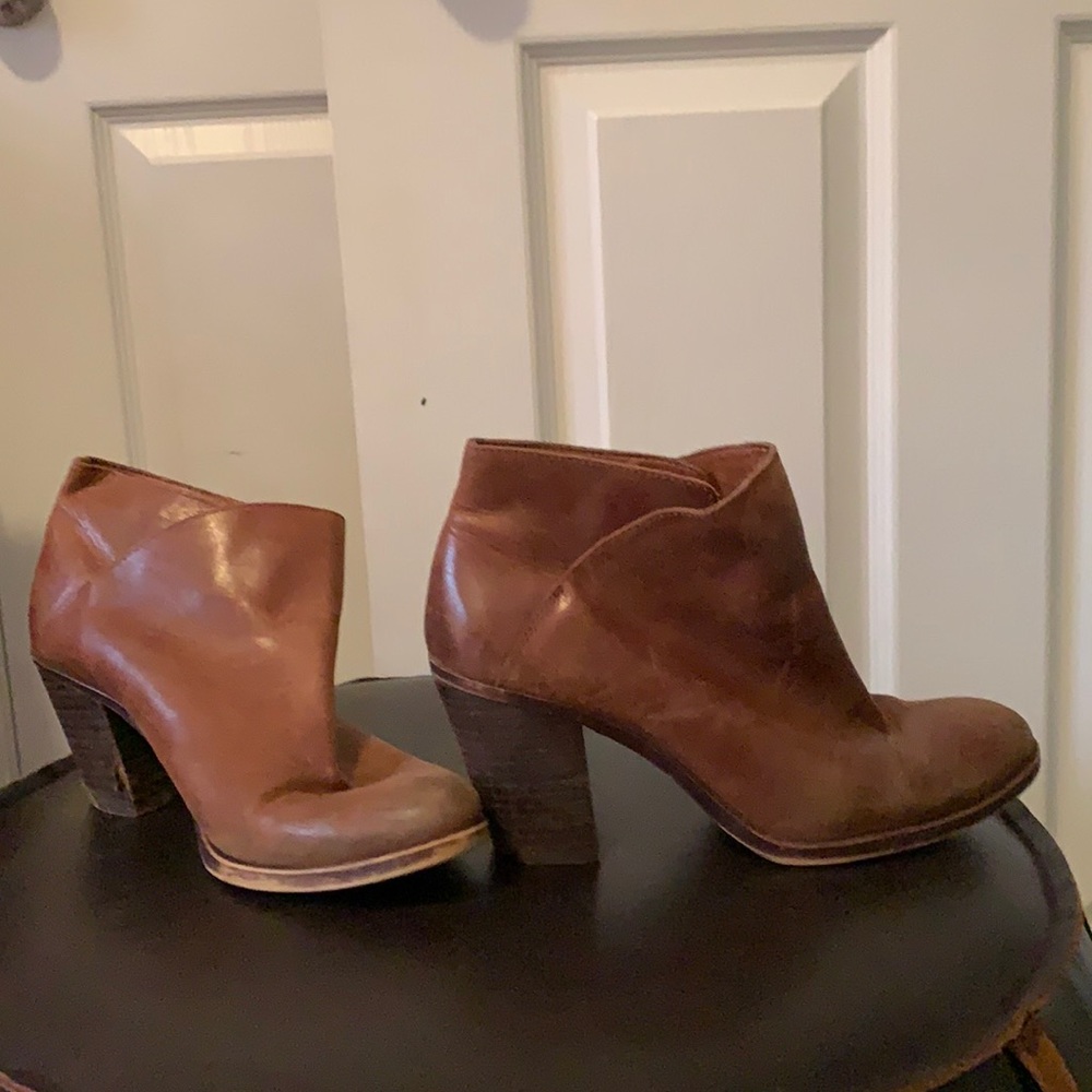 Brown Leather Slip-On Heeled Booties